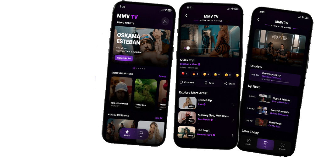 MMV TV app displayed on three smartphones
